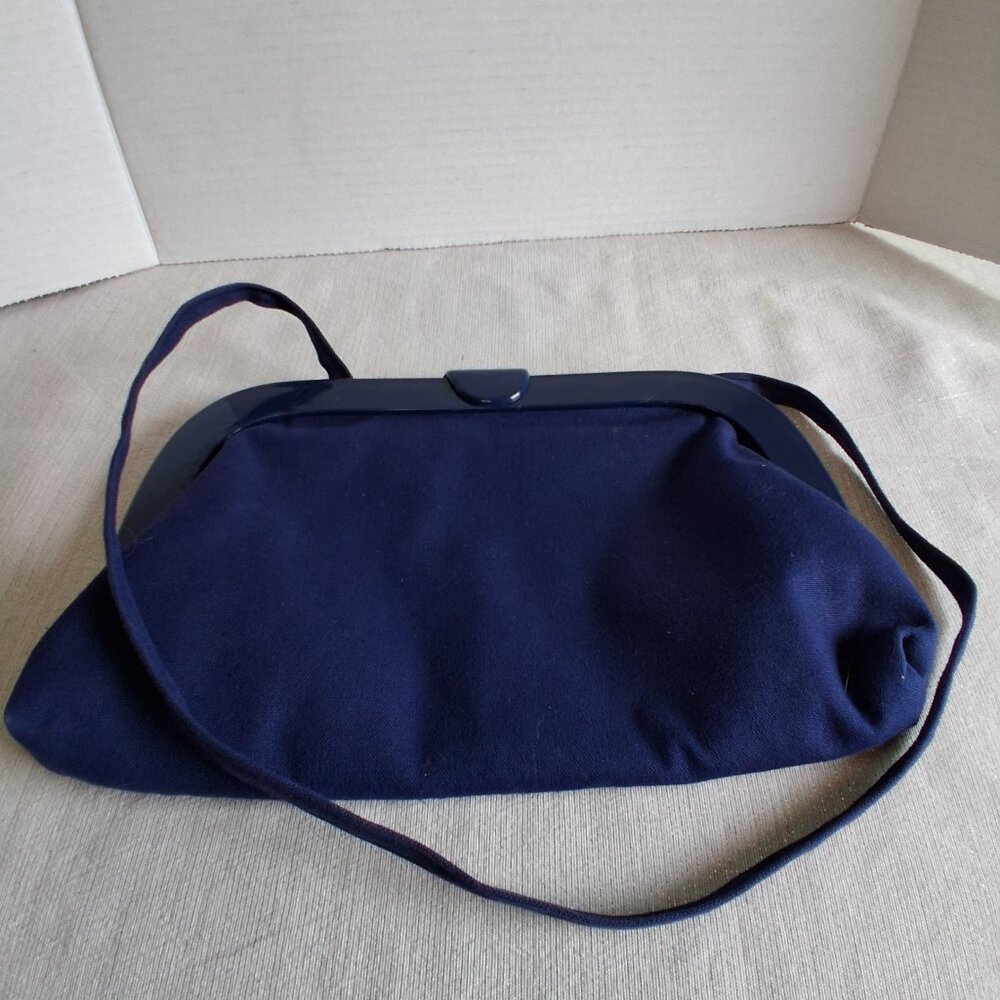 Vintage Hong Kong navy denim fabric wide mouth Bag Satchel shoulder purse Unique